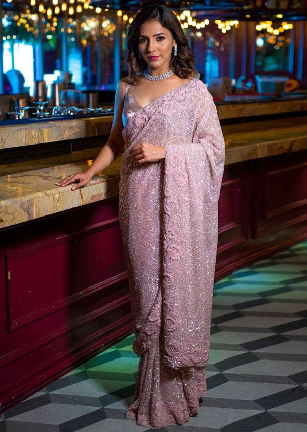 Neeti Mohan in Kalki blush pink hand sequins embroidered saree with spring work border