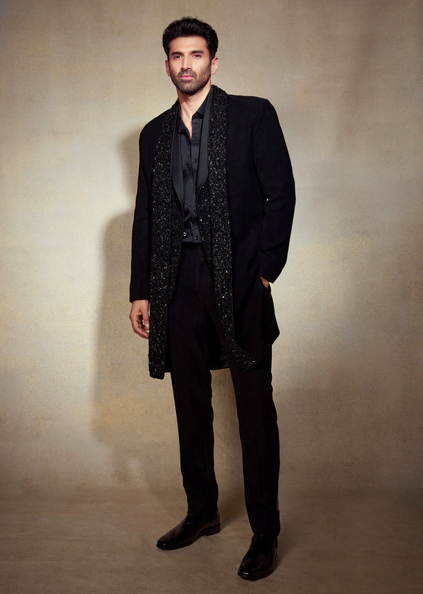 Aditya Roy Kapur In Our Black Double Layered Indo Western Jacket With Shirt And Pant