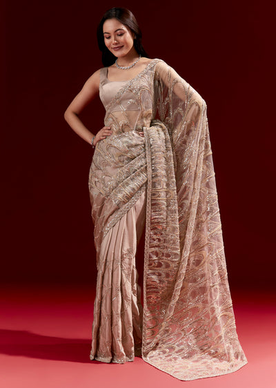 Dusky Beige Half And Half Saree With Heavy Embroidered Pallu And Jaal Detailing