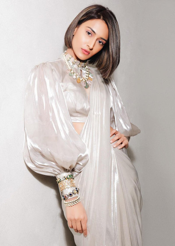 Pearl Ready Pleated Saree In Metallic Lycra With Organza Blouse Featuring Bishop Sleeves Online