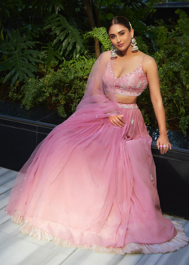 Petal Pink Embroidered Bridesmaid Lehenga Set In Crepe