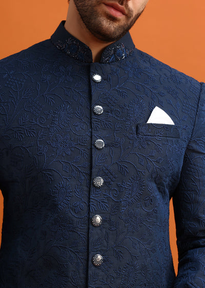 Navy Blue Silk Sherwani With Resham Work-SG228318 4 c19cd2d7-30de-47aa-8aa0-13d6b023a76d