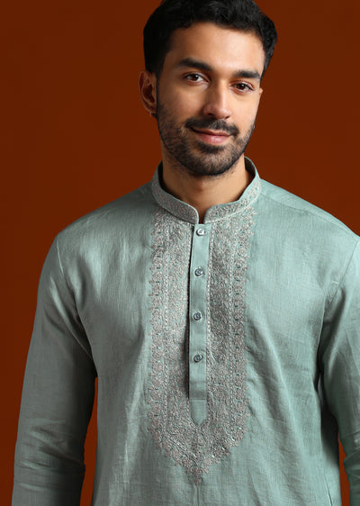 Olive Linen Kurta Set For Men With Resham-sg321692-1