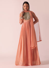Peach Chiffon Embroidered Anarkali With Dupatta