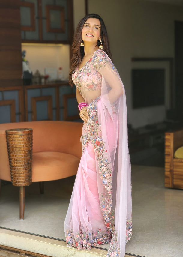 Petal Pink Saree In Organza With Resham Embroidered Floral Design On The Border