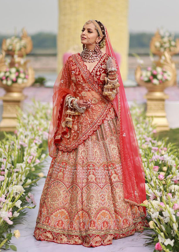 Rust Orange Embroidered Bridal Lehenga Set With Aari Work