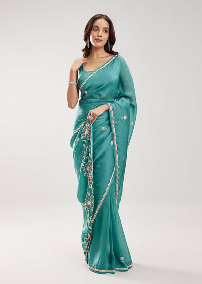 Aqua Blue Silk Saree With Cut Dana And Sequin Embellished Border