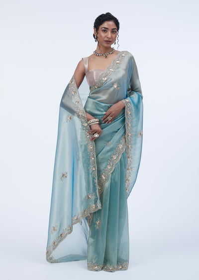 Aqua Blue Tissue Embroidered Saree With Scalloped Border And Unstitched Blouse