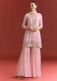 Baby Pink Georgette Kurta Sharara Suit With Organza Dupatta And Moti Work