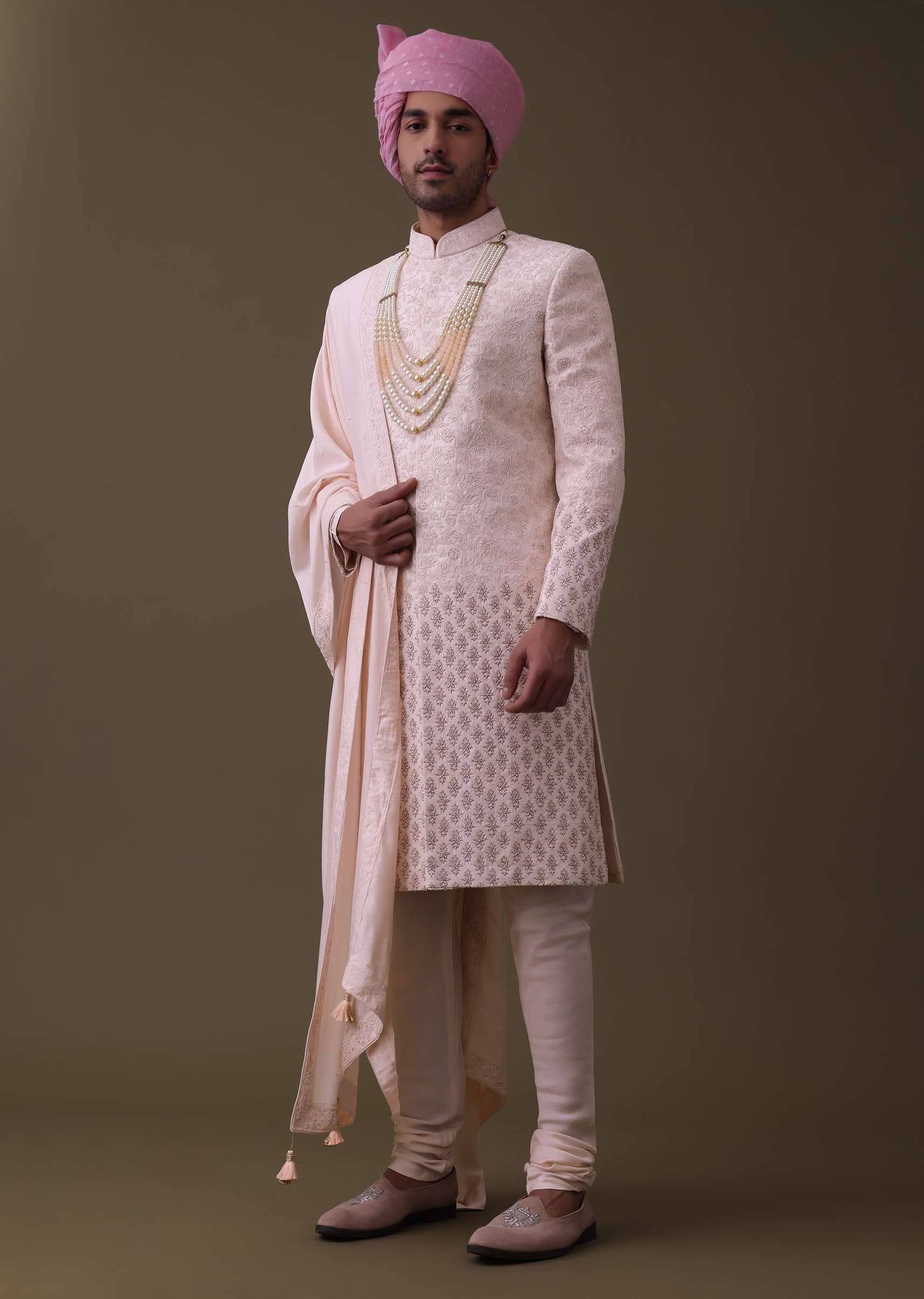 Buy Baby Pink Sherwani Set In Raw Silk With Thread Work And Moti