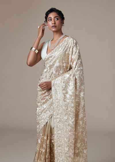 Beige Chanderi Saree With All Over Resham Jaal Embroidery