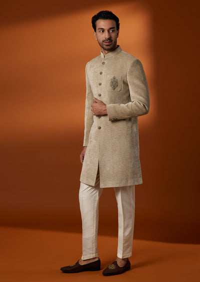 Beige Corduroy Resham Embroidered Sherwani Set