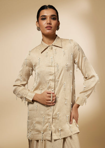 Beige Crepe Shirt And Skirt Set With Embellished Tassel Detailing