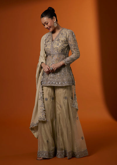 Beige Embellished Net Peplum Palazzo Suit Set