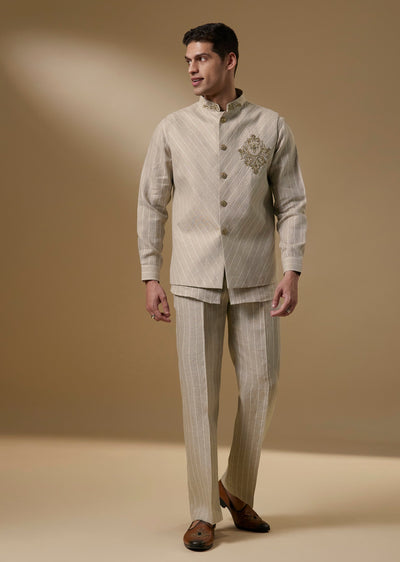 Beige Hand Embroidered Linen Kurta Jacket Set With French Knot Work