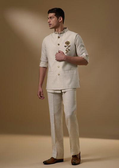 Beige Linen Jacket Kurta Set With Zardosi Floral Embroidery