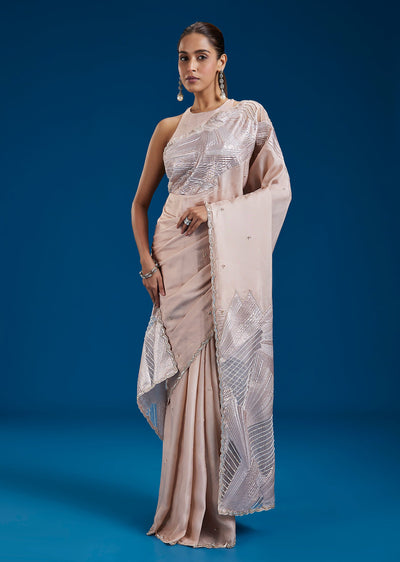 Beige Organza Applique Saree
