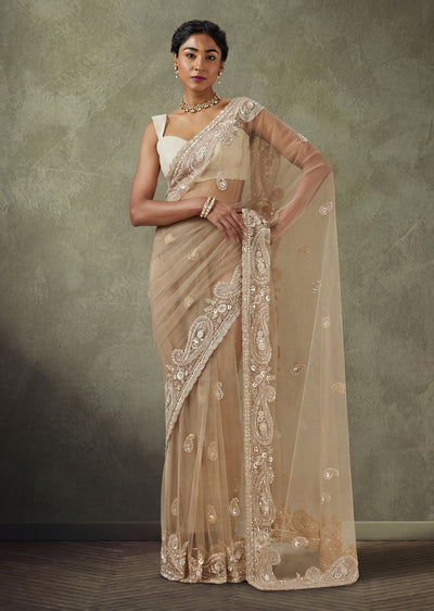 Beige Organza Saree With Cut Dana And Sequin Embellished Pallu