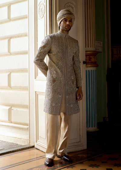 Beige Rawsilk Sherwani Set With Dupatta