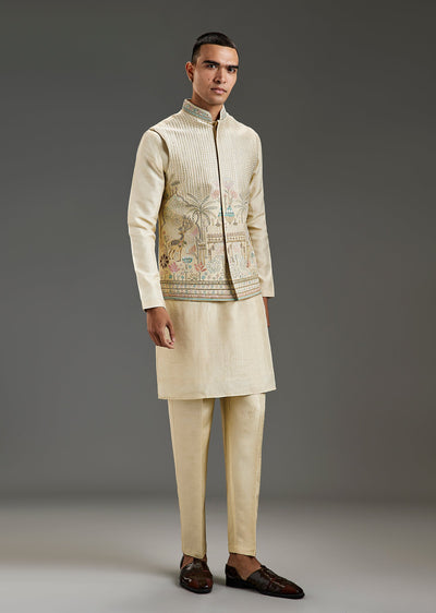 Beige Silk Kurta Jacket Set With Mughal Garden Resham Embroidery