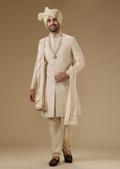 Beige Silk Sherwani Set With Aari And Zardozi Embroidery