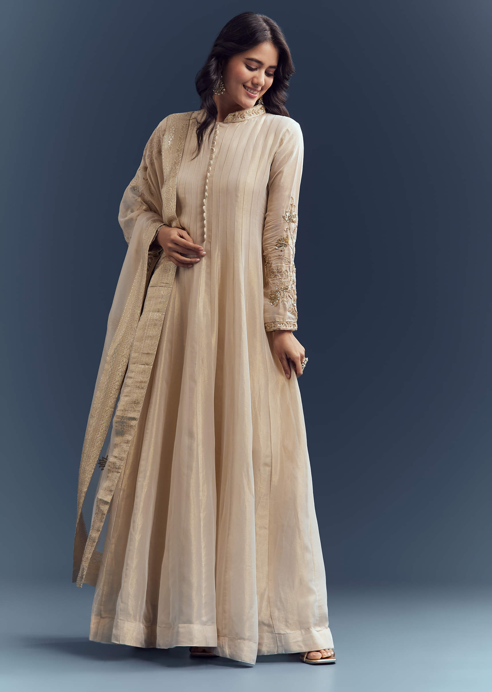 Buy Beige Tissue Anarkali Suit With Delicate Zari Embroidery
