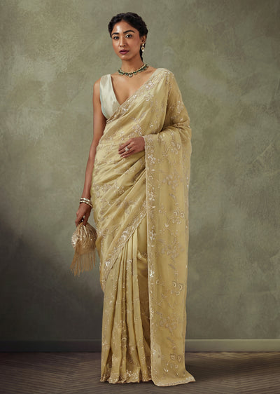 Beige Tissue Saree With All Over Cut Dana And Sequin Jaal Work