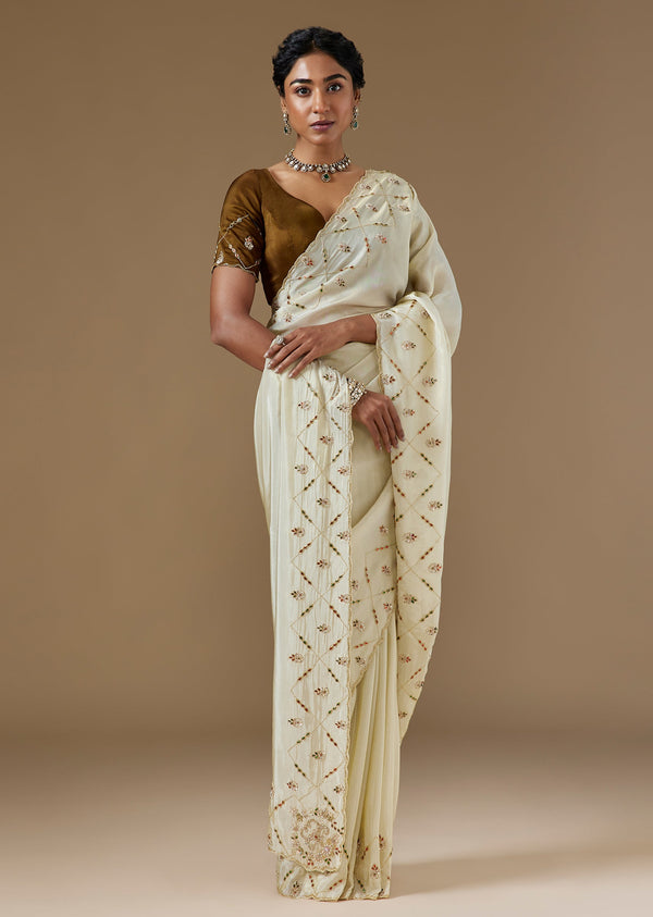 Beige Tissue Saree With Geometric Embroidery