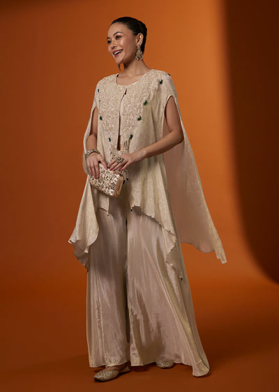Beige Woven Tissue Kurta Palazzo Set With Embroidered Cape