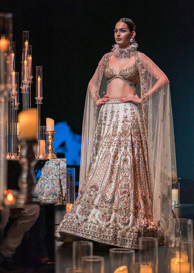 beige bridal lehenga set in silk with organza flowers-sg183847 1