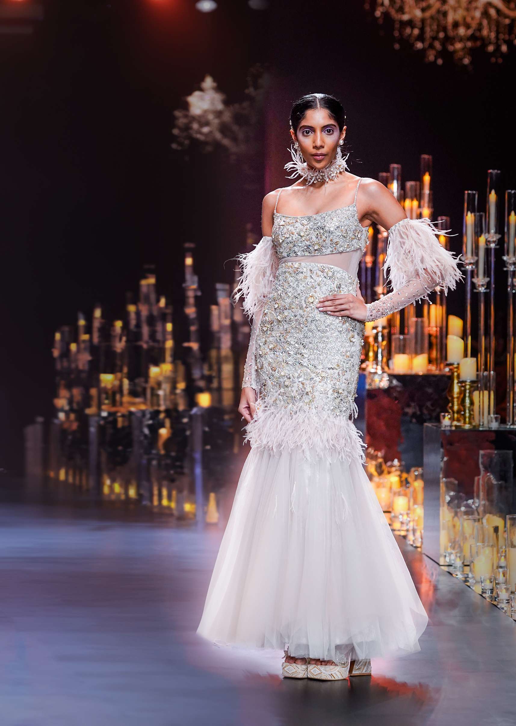 Buy Beige Fish-Cut Gown With 3D Feathers And Floral Motif