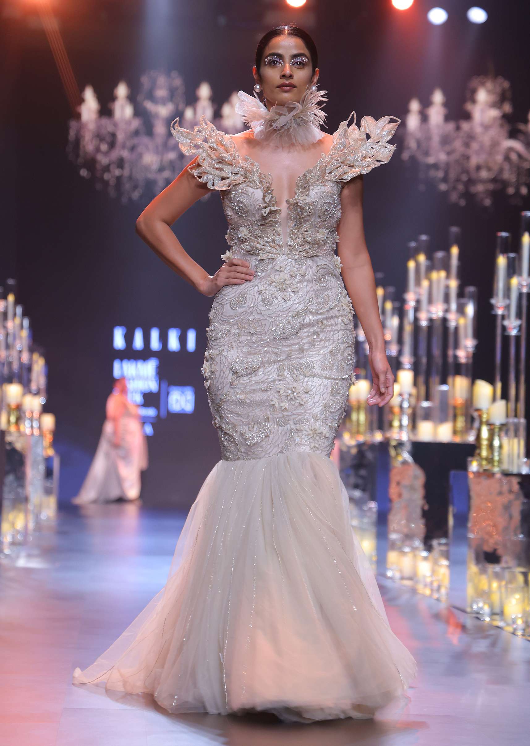 Buy Beige Fish-Cut Gown With 3D Patchwork Detail| KALKI Fashion India