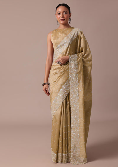 beige tussar saree with unstitched blouse-sg214655 9
