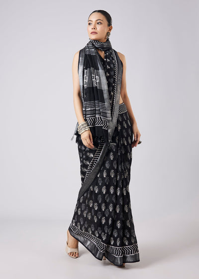 Black Block Printed Tassel Border Saree with Unstitched Blouse
