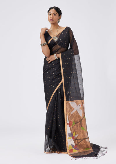 Black Chanderi Silk Sequined Saree With Paithani Pallu And Unstitched Blouse