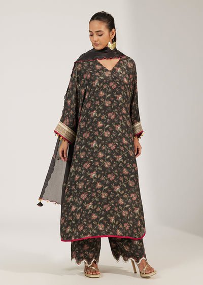 Black Chinon Floral Printed Kurta Set With Dupatta
