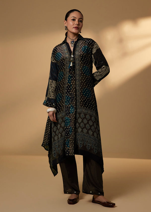Black Crepe Printed Asymmetric Co Ord Set