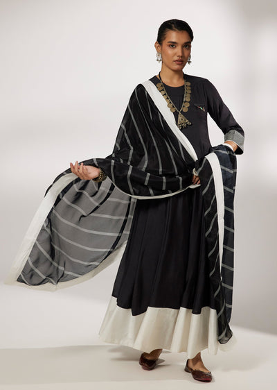 Black Dola Silk Anarkali Suit With Stone Brooch And White Border