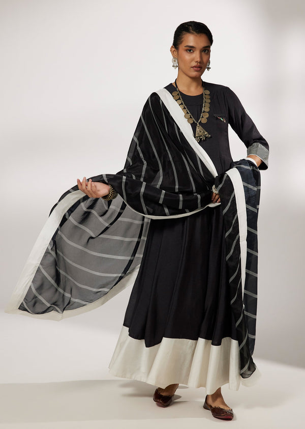 Black Dola Silk Anarkali Suit With Stone Brooch And White Border