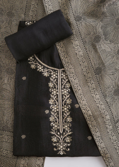 Black Dola Silk Embroidered Unstitched Suit Set With Dupatta