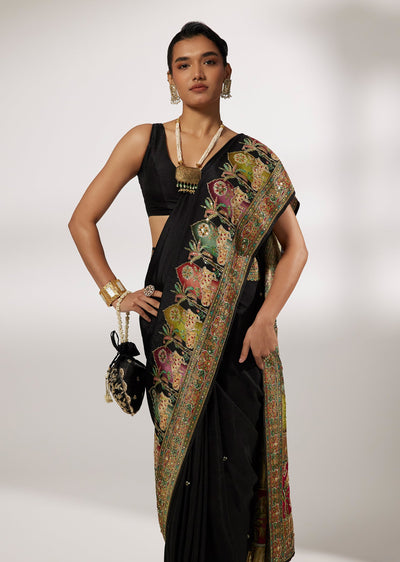 Black Dola Silk Printed Saree With Zari Woven Pallu And Border Design