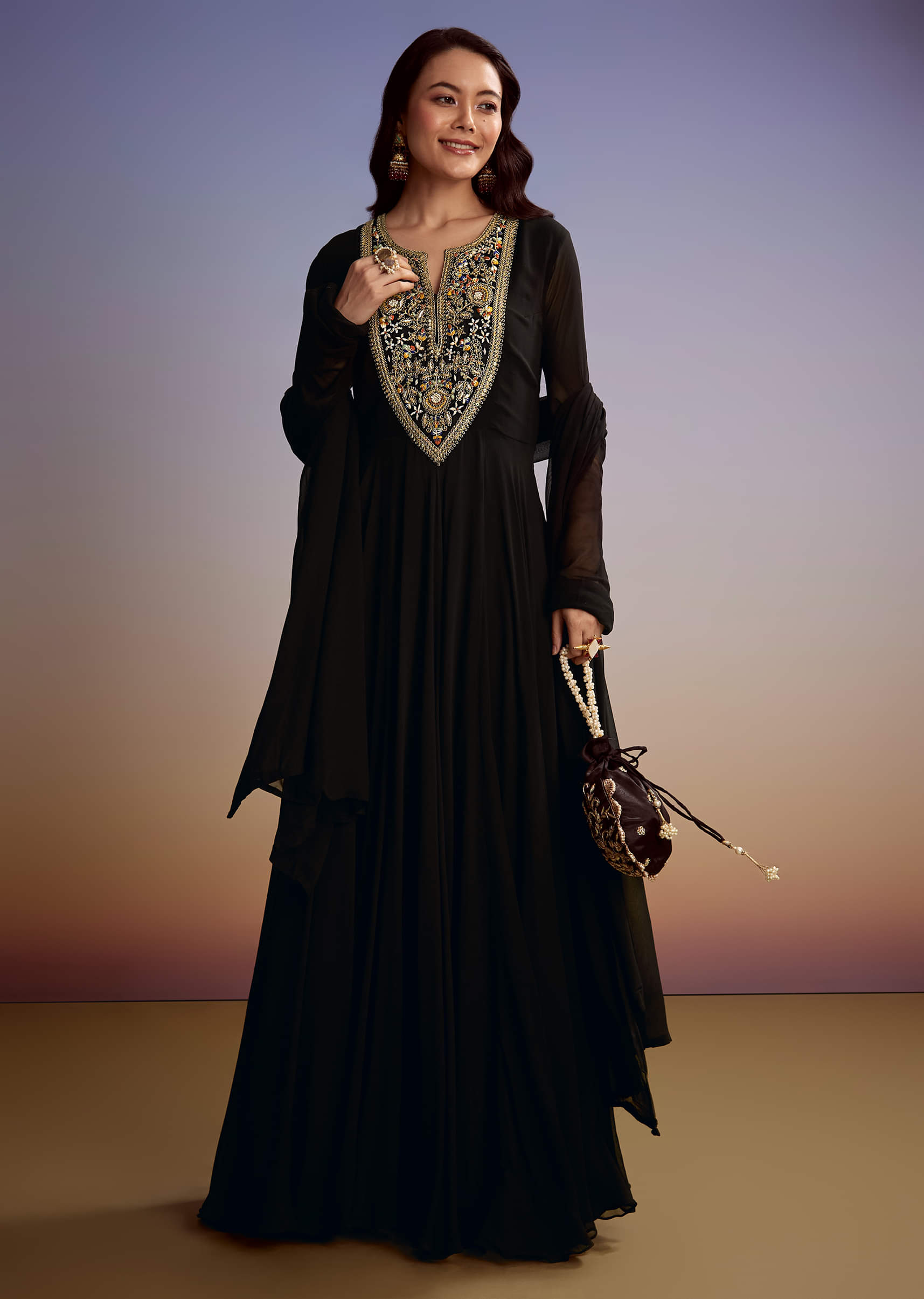 black colour anarkali dress Color Georgette With Embroidered Dupatta  TANHAI silk Anarkali gown Leheriya Printed Georgette Anarkali Suit