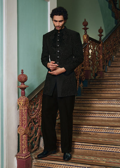 Black Hand Embroidered Velvet Jodhpuri Suit Set