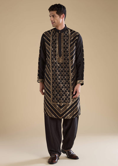 black-handwoven-jacquard-silk-mens-kurta-pant-set-sg349533-1