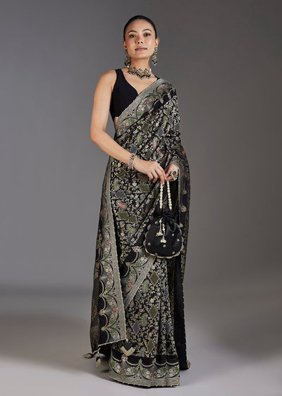 Black Khaddi Georgette Bandhani Saree