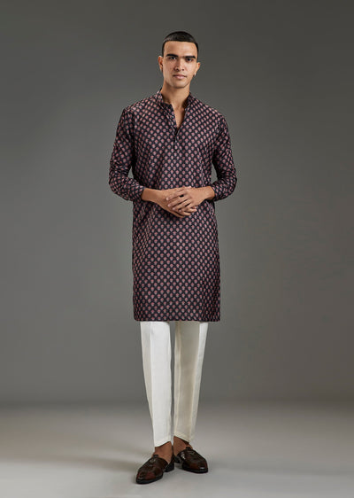 Black Linen Blend Kurta With Katha Print