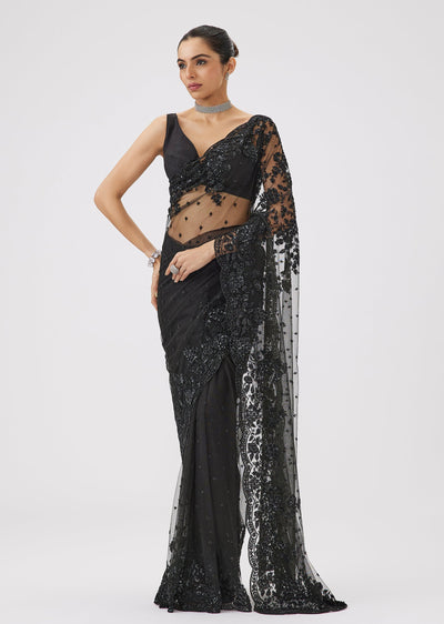 Black Net Saree With Sequin Butti Work And Floral Embroidered Border