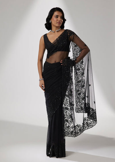 Black Net Saree With Sequin Embroidery And Butti Work