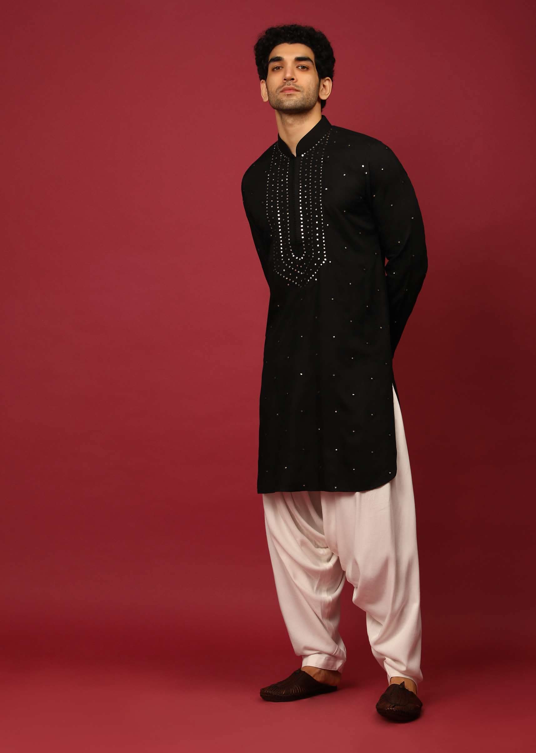 Buy Black Pathani Suit In Cotton With Mirror And Thread