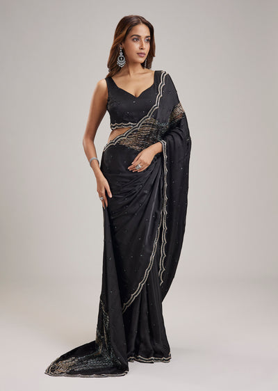 Black Satin Saree With Cut Dana And Sequin Lace Applique Work